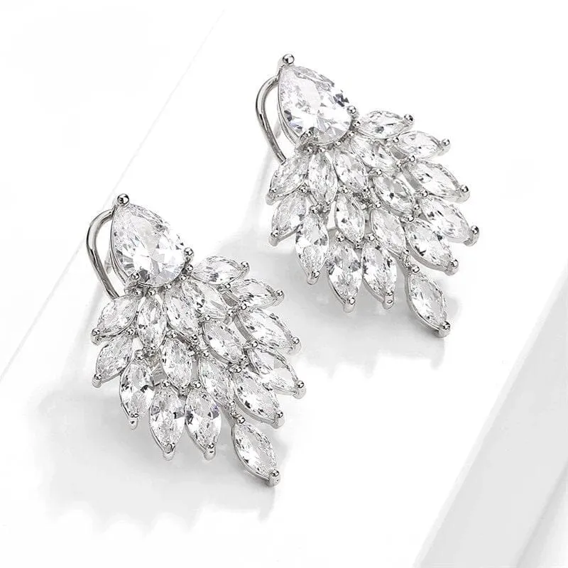 14K Gold Plated Cluster Crystal Earrings, Large Wedding Leaf Studs, Bridal Omega Latch Back Earrings, Bridesmaid CZ Crystal Earrings
