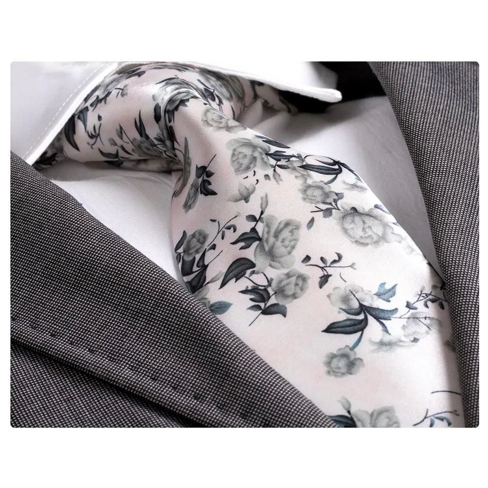 Amedeo Exclusive Men's Fashion White Grey Floral Silk Neck Tie With Gift Box