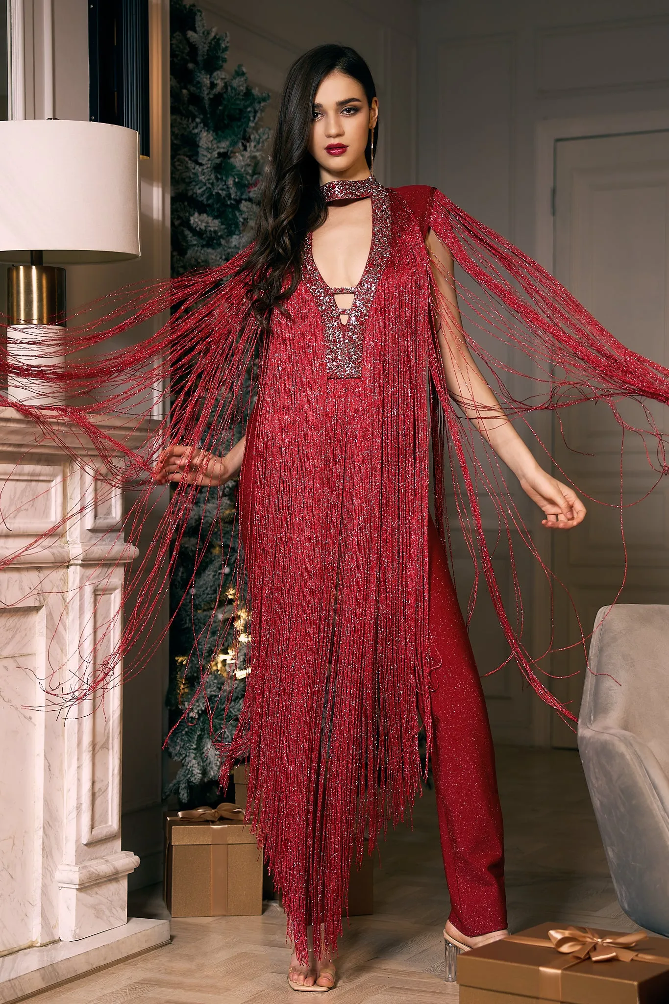 Anastasia Halter Fringe Party Jumpsuit