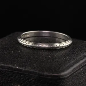 Antique Art Deco 18K White Gold Engraved Wedding Band - Size 6