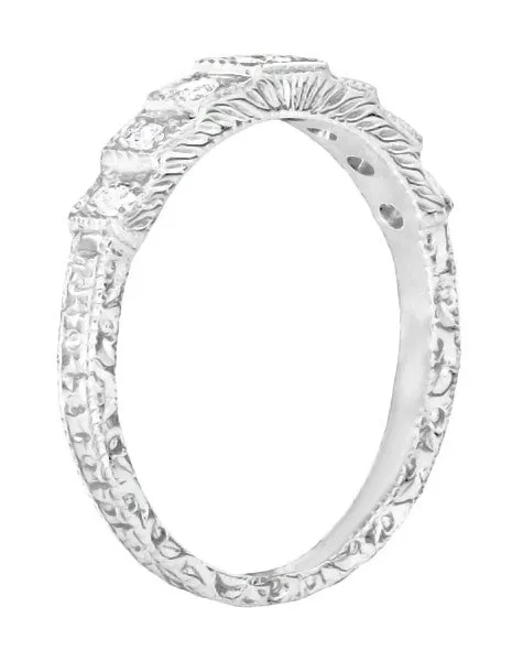 Art Deco Engraved Tiered Diamond Wedding Band in White Gold