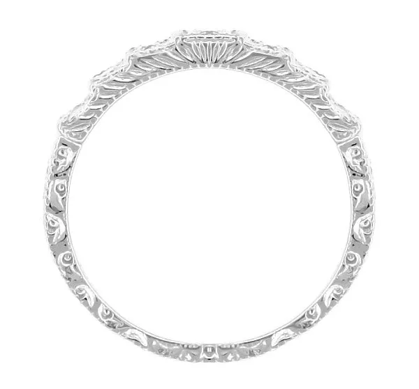 Art Deco Engraved Tiered Diamond Wedding Band in White Gold