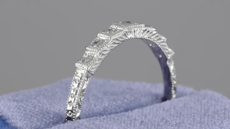 Art Deco Engraved Tiered Diamond Wedding Band in White Gold