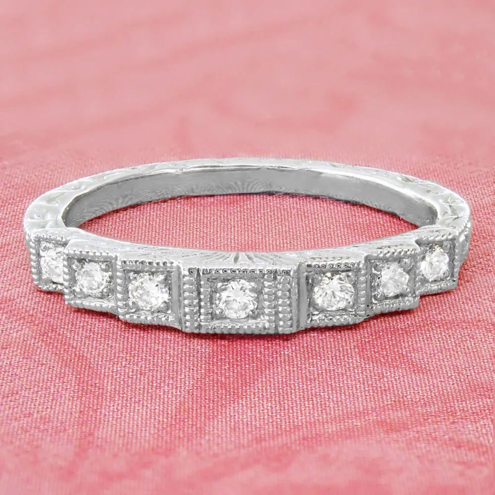 Art Deco Engraved Tiered Diamond Wedding Band in White Gold