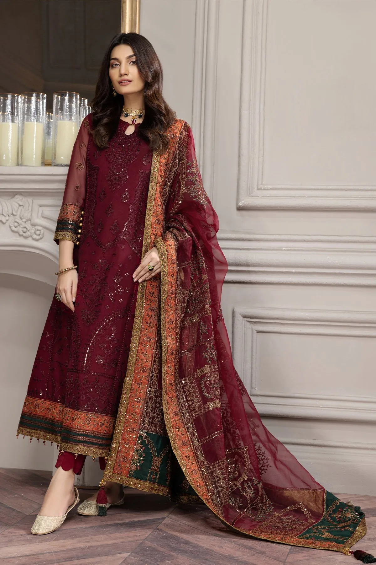 Brick Red Heavily Embellished Pakistani Salwar Kameez with Dupatta
