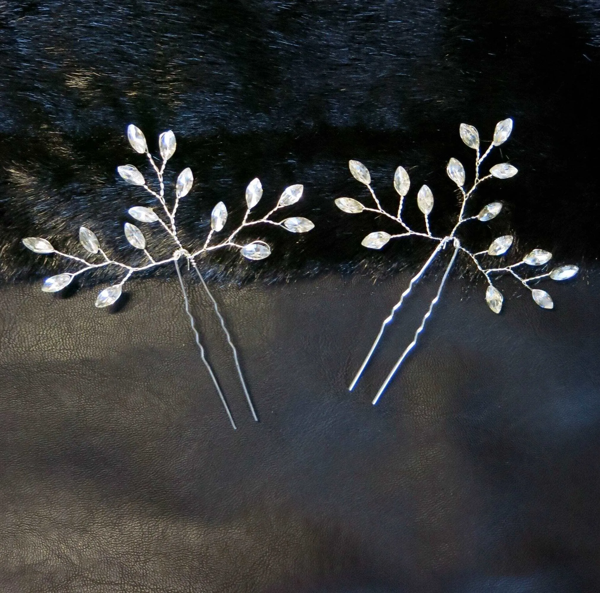 Bridal Rhinestone Crystal Hairpin 2 PC Set, Wedding Gem Branch Hair Pin Headpiece, Bridesmaid Crystal Wire Hairpiece, Set of 2