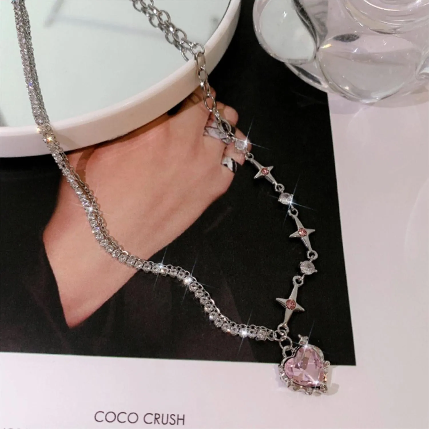 Chic Layered CZ Inlaid Pink And Black Crystal Heart Pendant Star Chain Necklace
