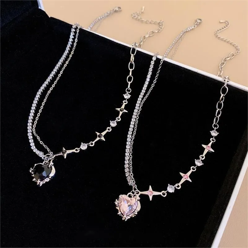 Chic Layered CZ Inlaid Pink And Black Crystal Heart Pendant Star Chain Necklace