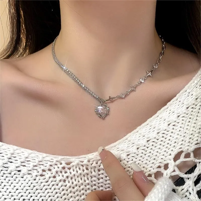 Chic Layered CZ Inlaid Pink And Black Crystal Heart Pendant Star Chain Necklace