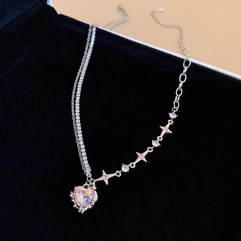 Chic Layered CZ Inlaid Pink And Black Crystal Heart Pendant Star Chain Necklace
