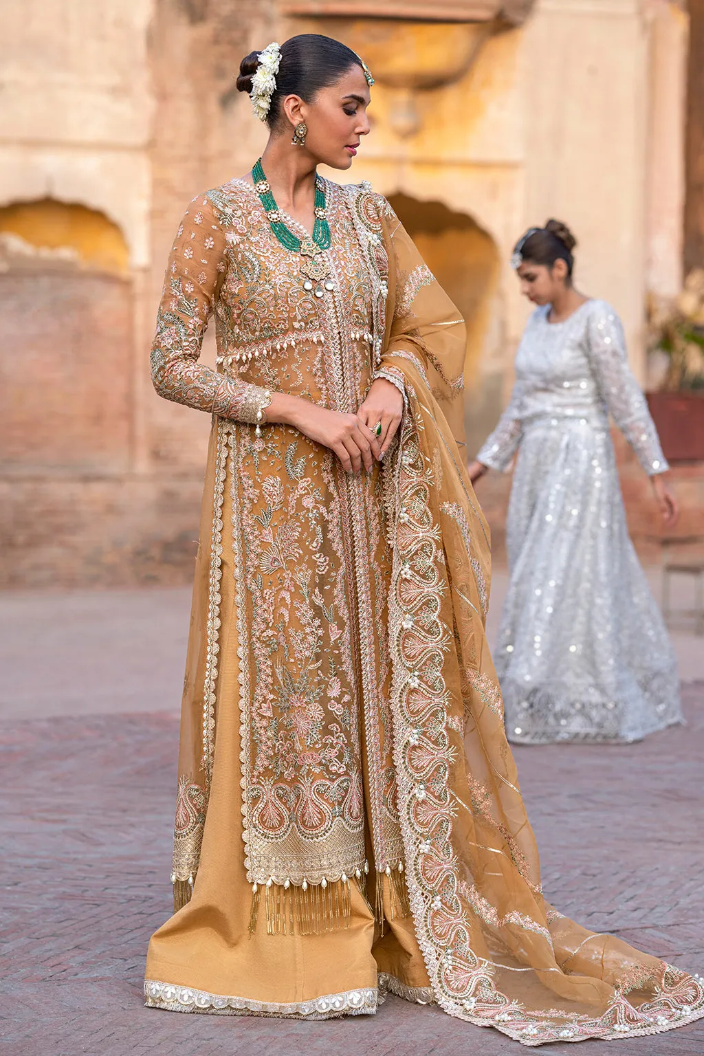 Classic Gold Embellished Pakistani Wedding Dress in Gown Sharara Style