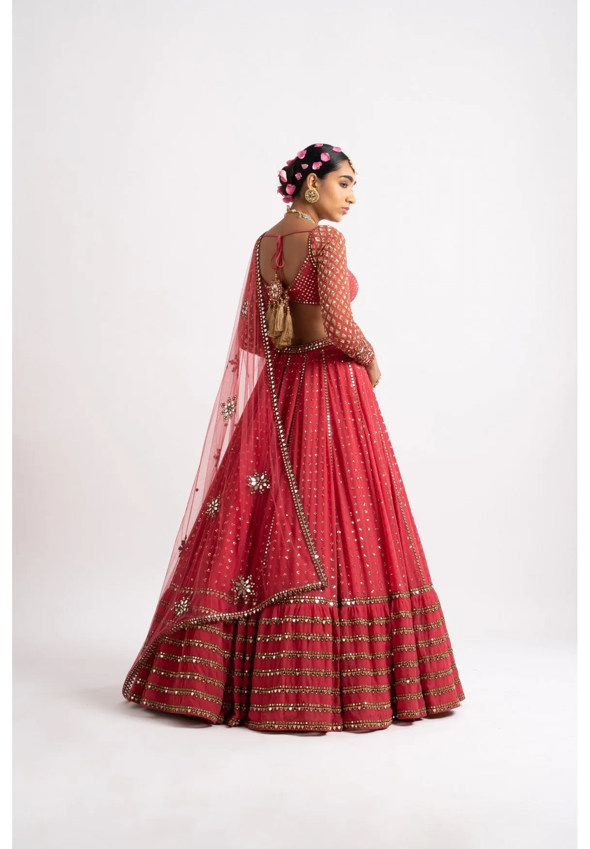 Deep Coral Single Tier Lehenga Set