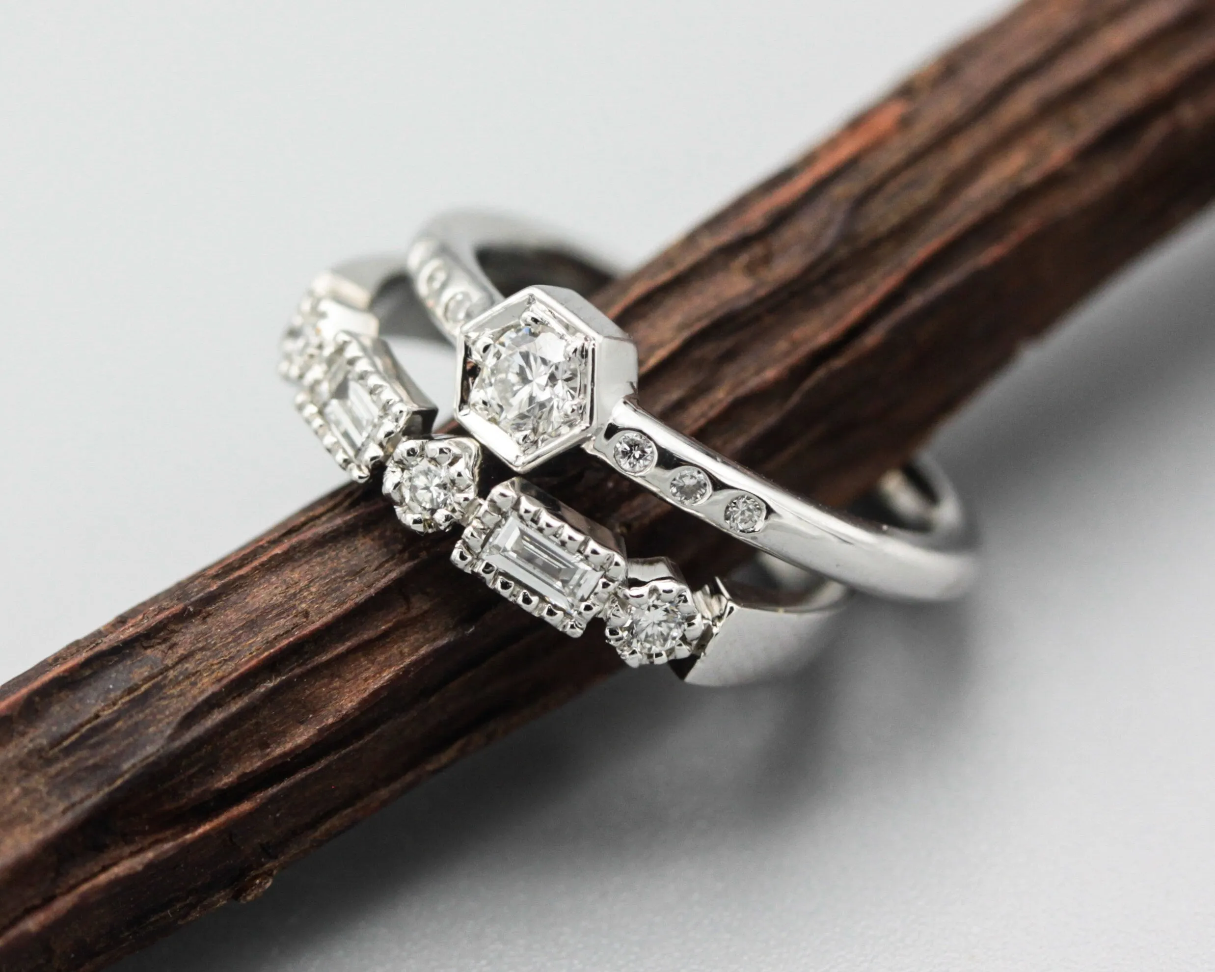 Diamond wedding ring in bezel and prongs setting with white gold band(set of 2)