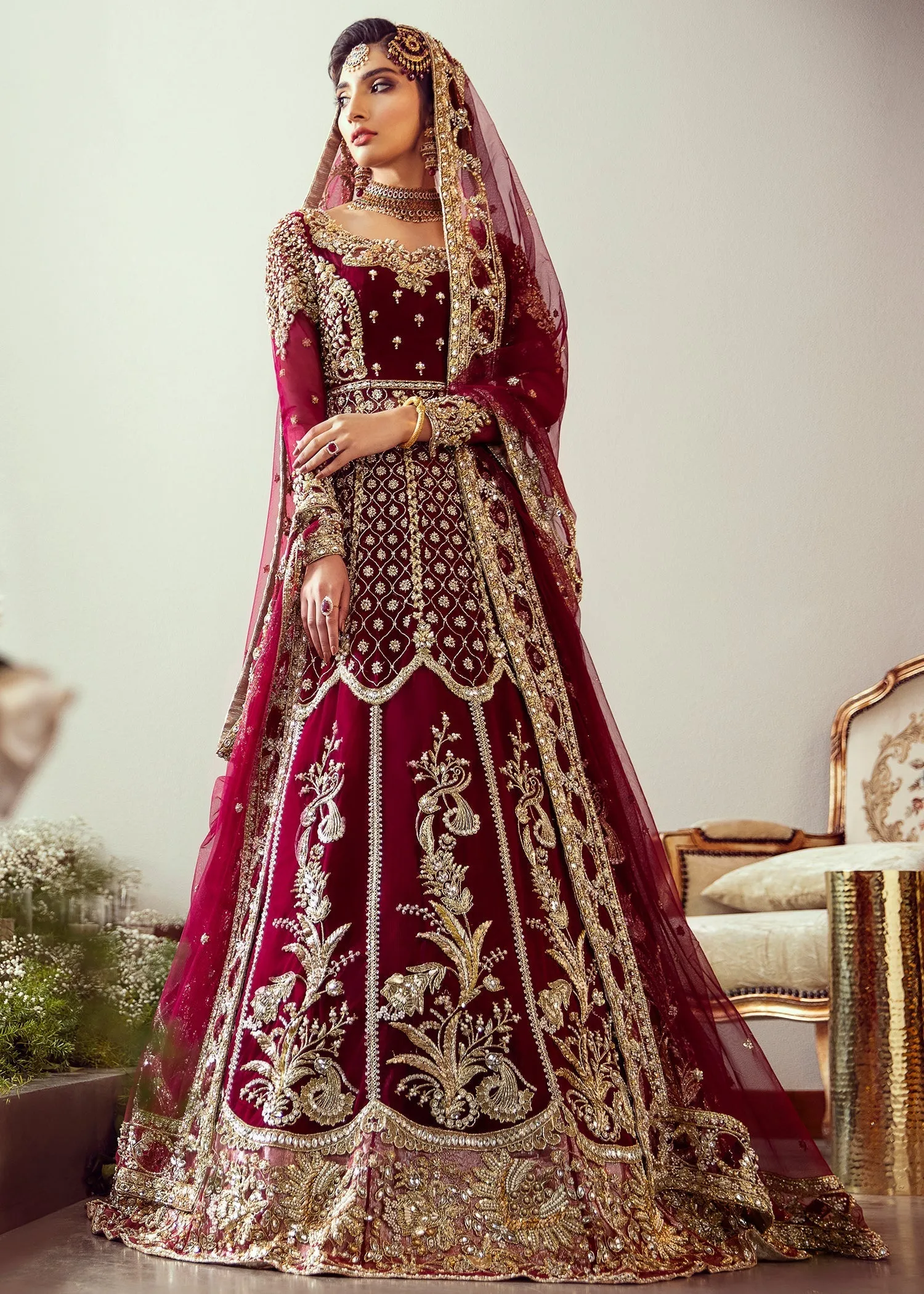 Elegant Cherry Red Embroidered Pakistani Bridal Lehenga pishwas Dress