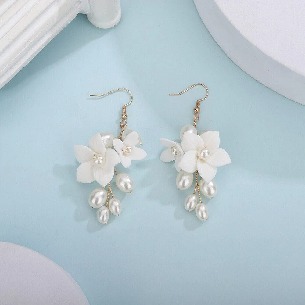 Floral Pearl Cluster Ceramic Earrings, Bridal White Clay Flower Earrings, Wedding Porcelain Flower Earrings
