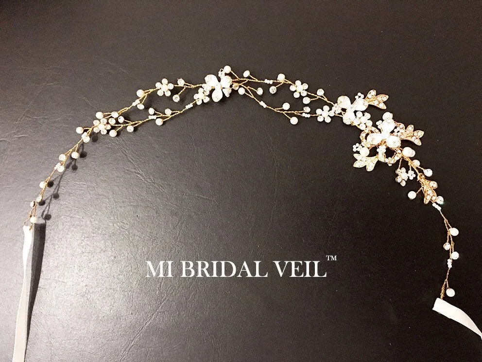 Gold Flower w Leaf Hair Vine, Bridal Headpieces Mi Bridal