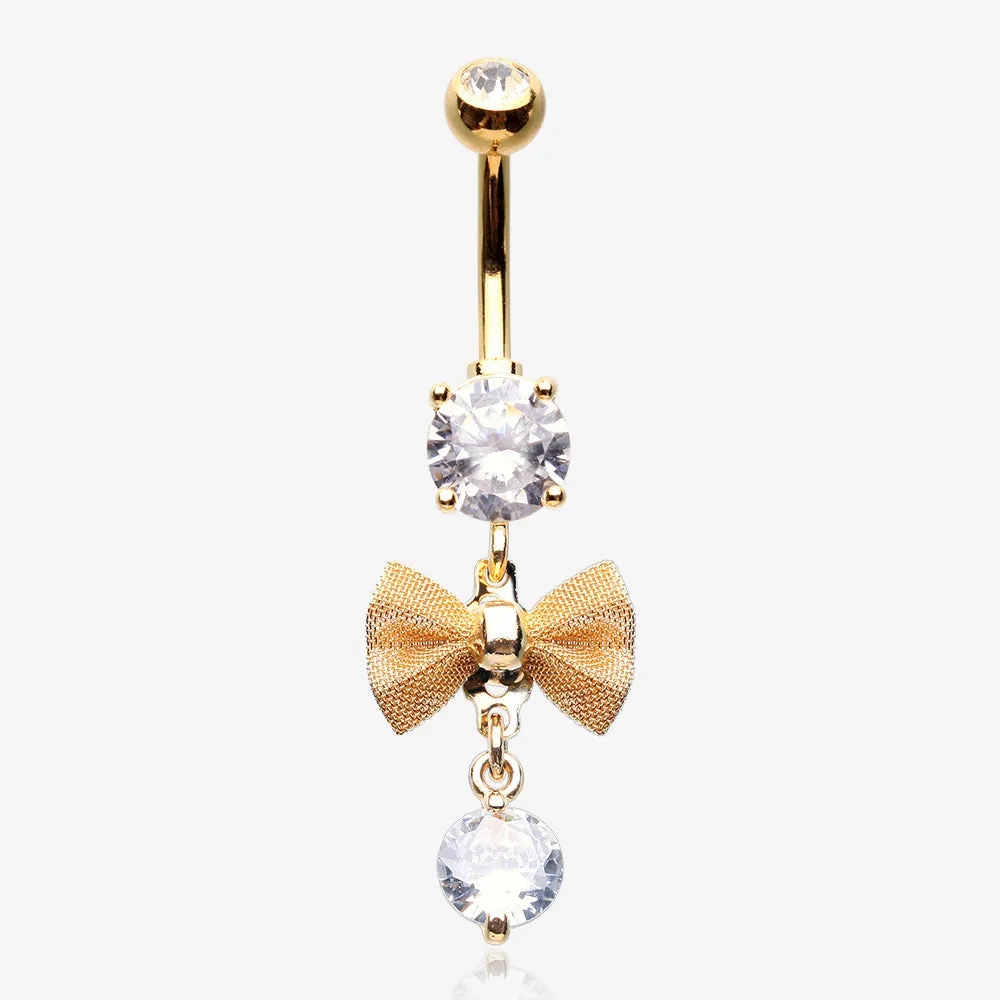 Golden Dainty Bow-Tie Prong Gem Sparkle Belly Button Ring