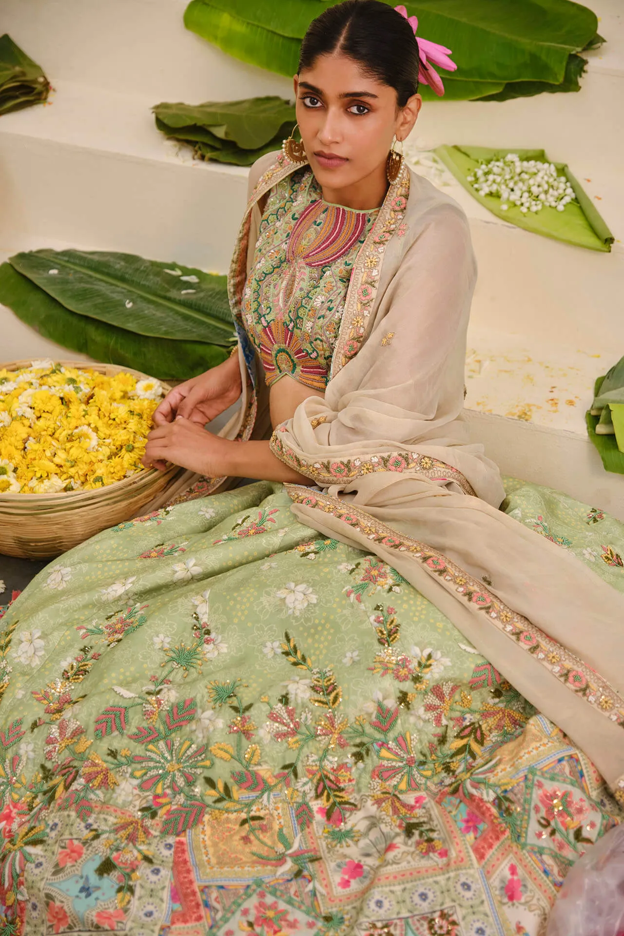 Green Flora Lehenga