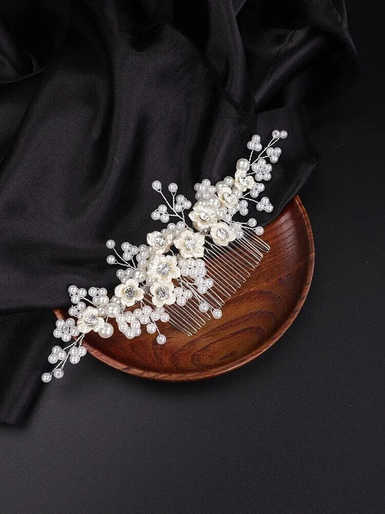 Ivory Flowers Large Bridal Hair Comb, Off White Bridal Pearl Hairpin, Wedding Pearl Decorative Hair Comb Headpiece
