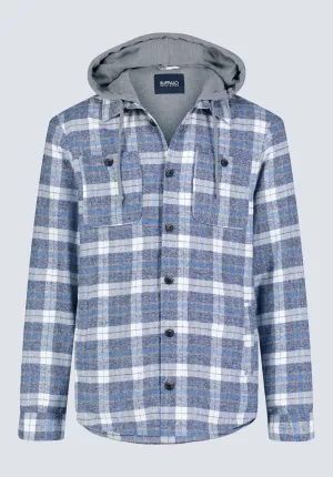 Jakeim Men's Plaid Hooded Shacket, Grey & Blue - BM24443