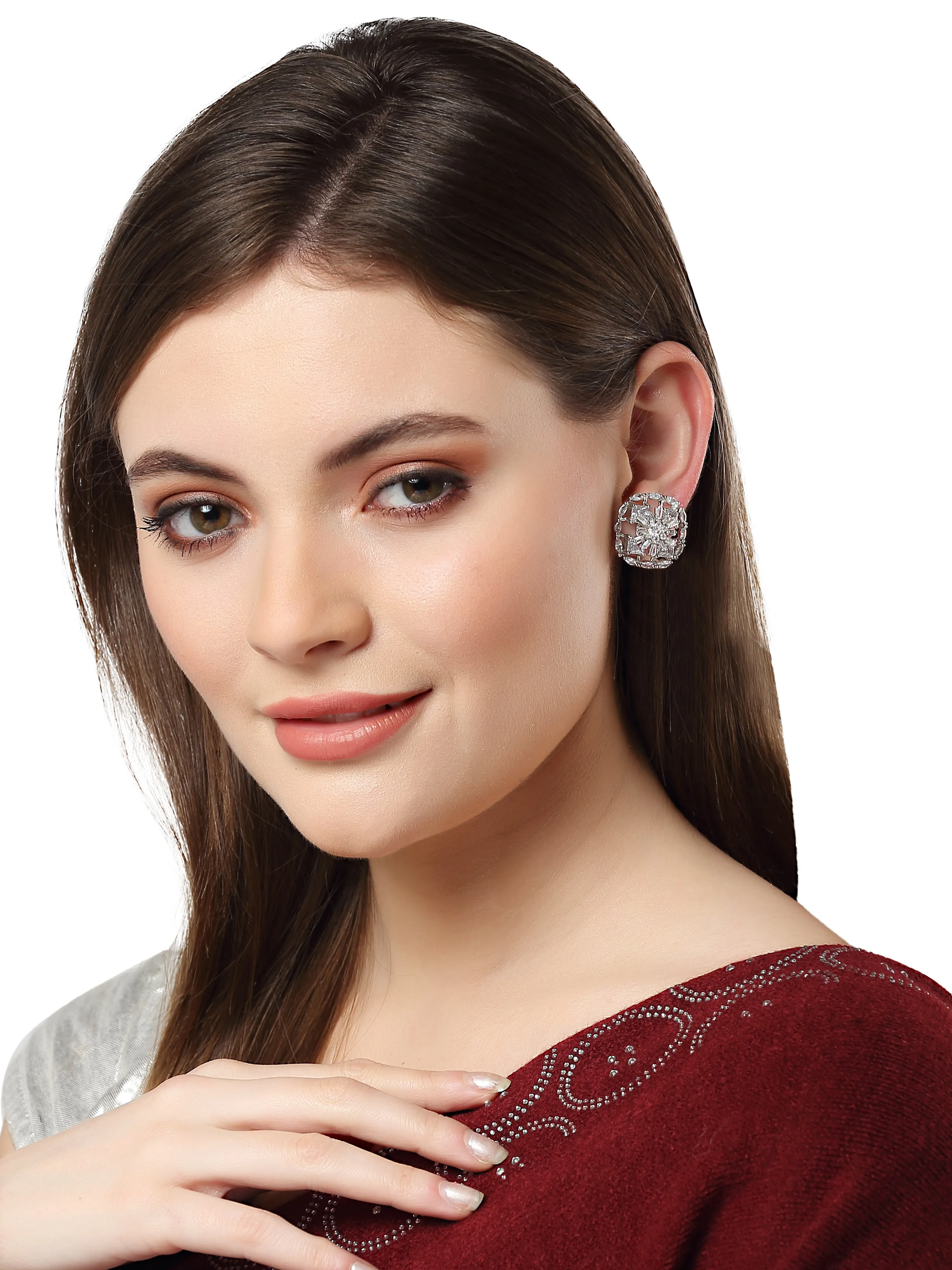 Karatcart Silver Plated Embellished Cubic Zirconia Stud Earrings for Women