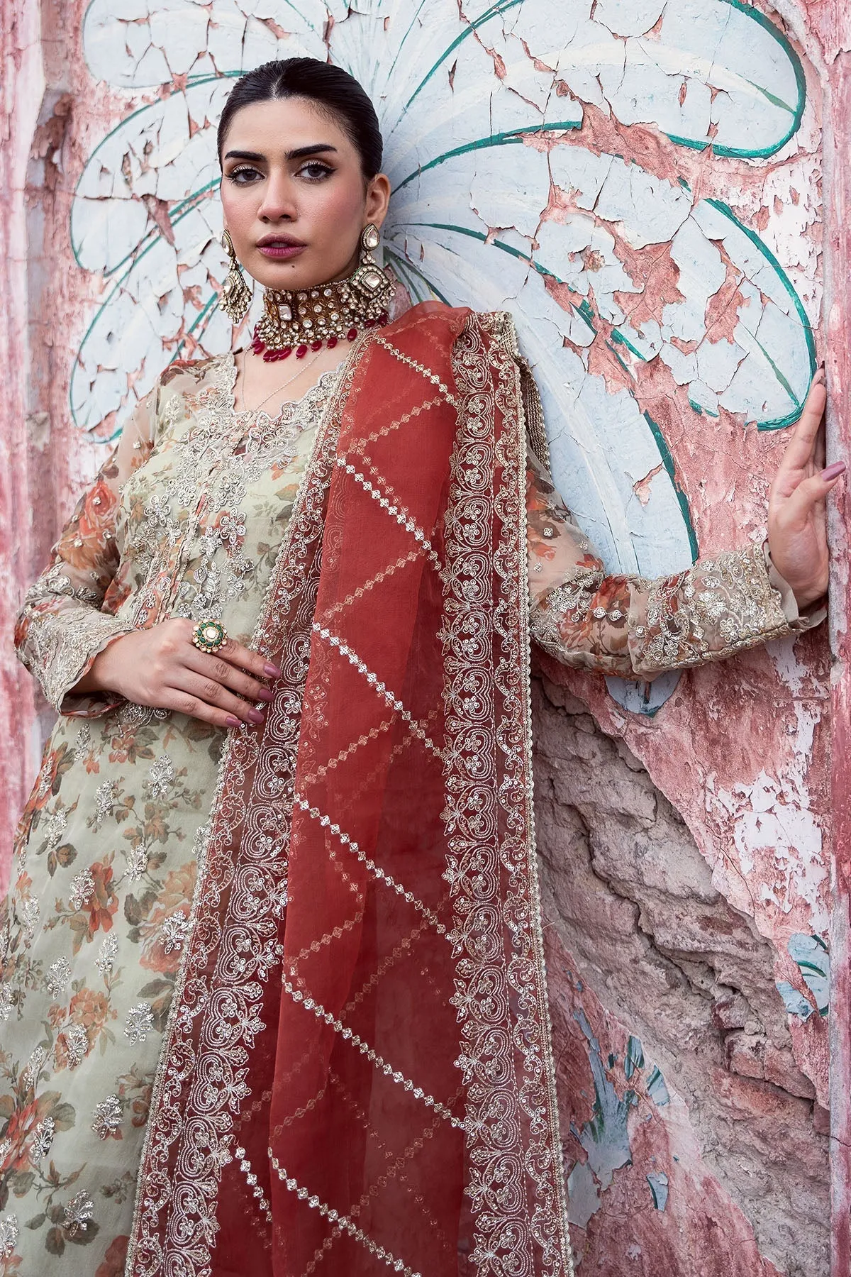 Luxury Floral Digital Printed Hand Embellished Pakistani Wedding Dress