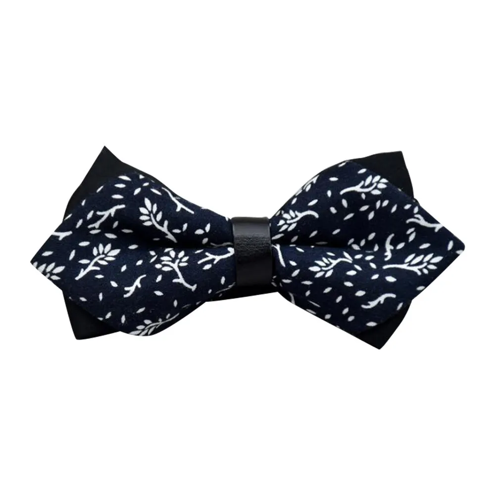 Men's Navy Blue White 100% Cotton Pre-Tied Bow Tie