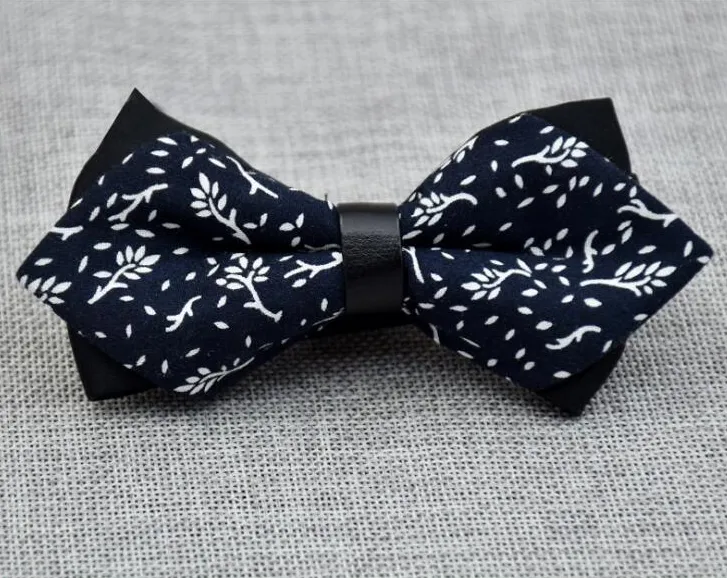 Men's Navy Blue White 100% Cotton Pre-Tied Bow Tie