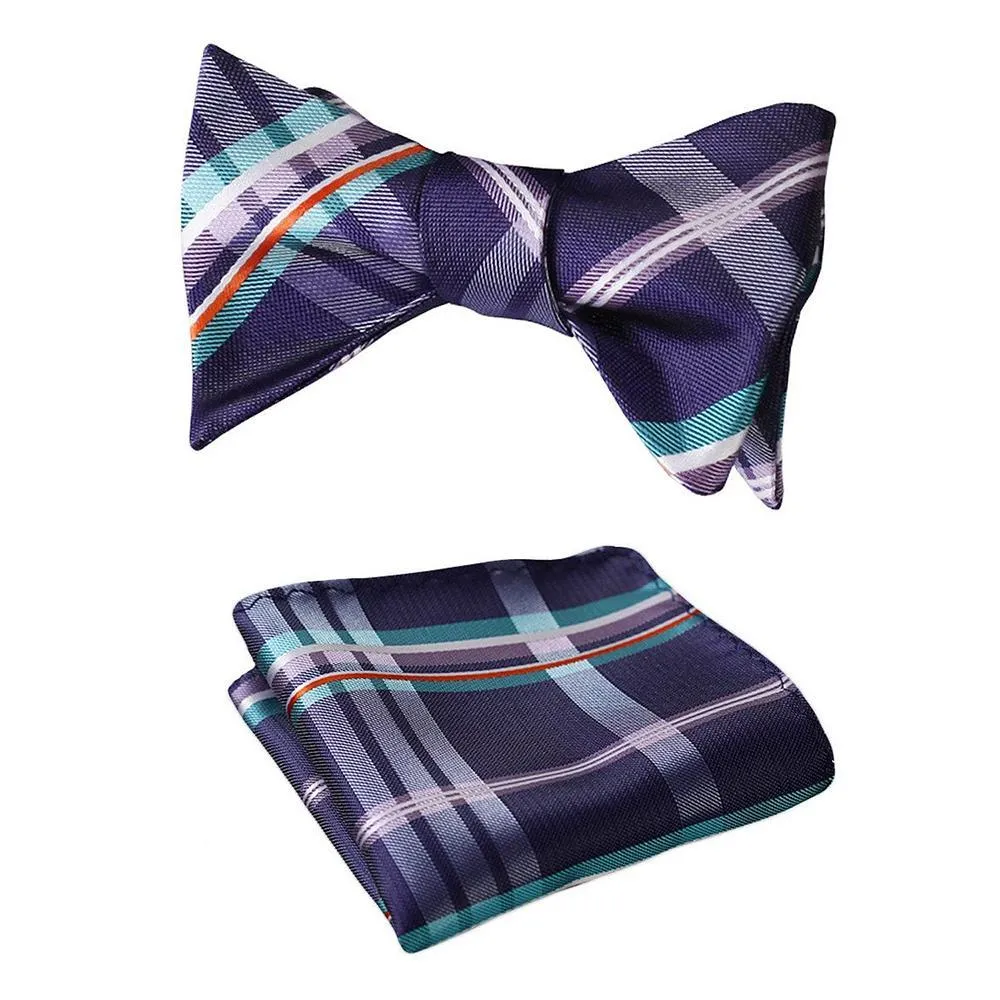 Men's Purple Aqua Orange Check Bow Tie & Pocket Handkerchief - Identical 149