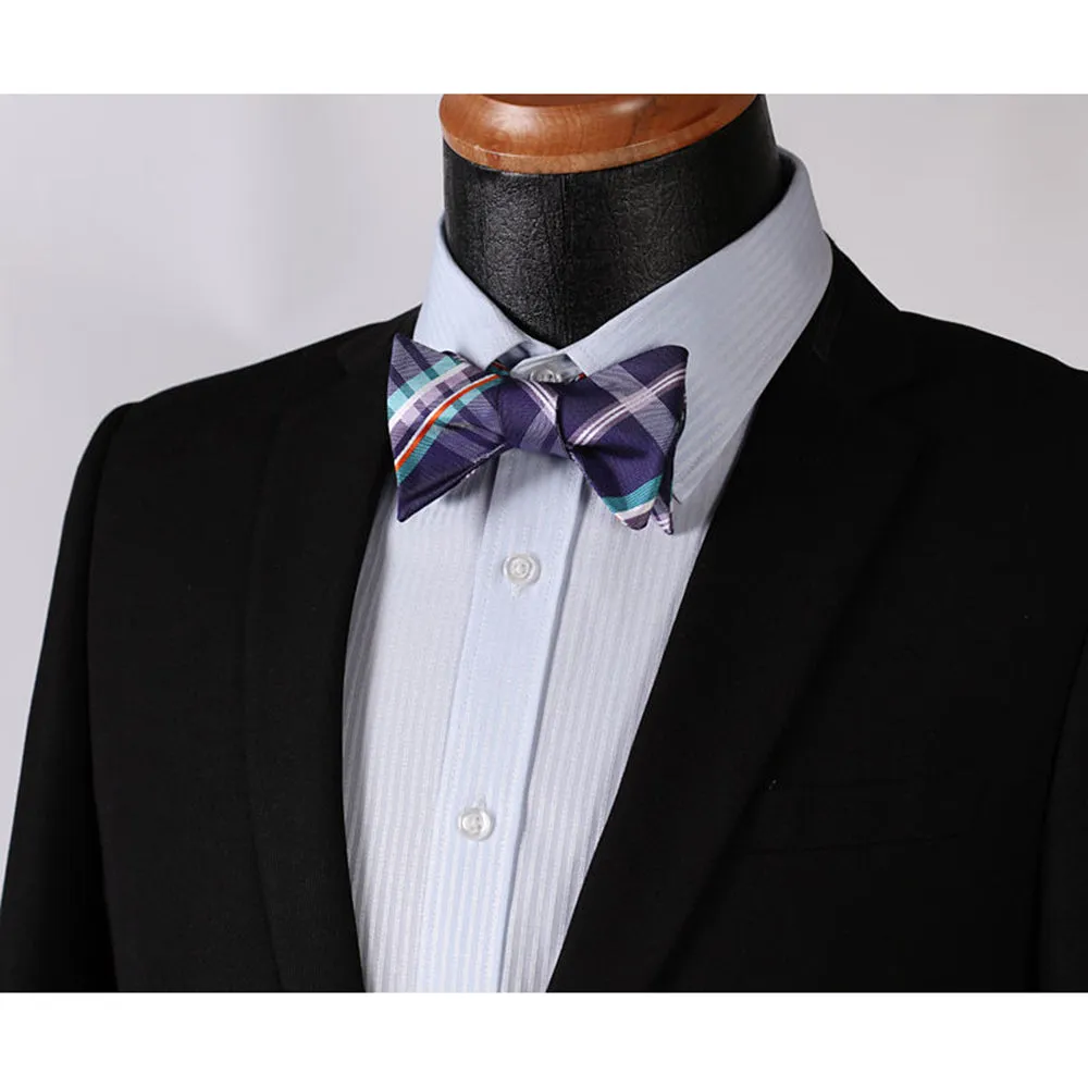 Men's Purple Aqua Orange Check Bow Tie & Pocket Handkerchief - Identical 149