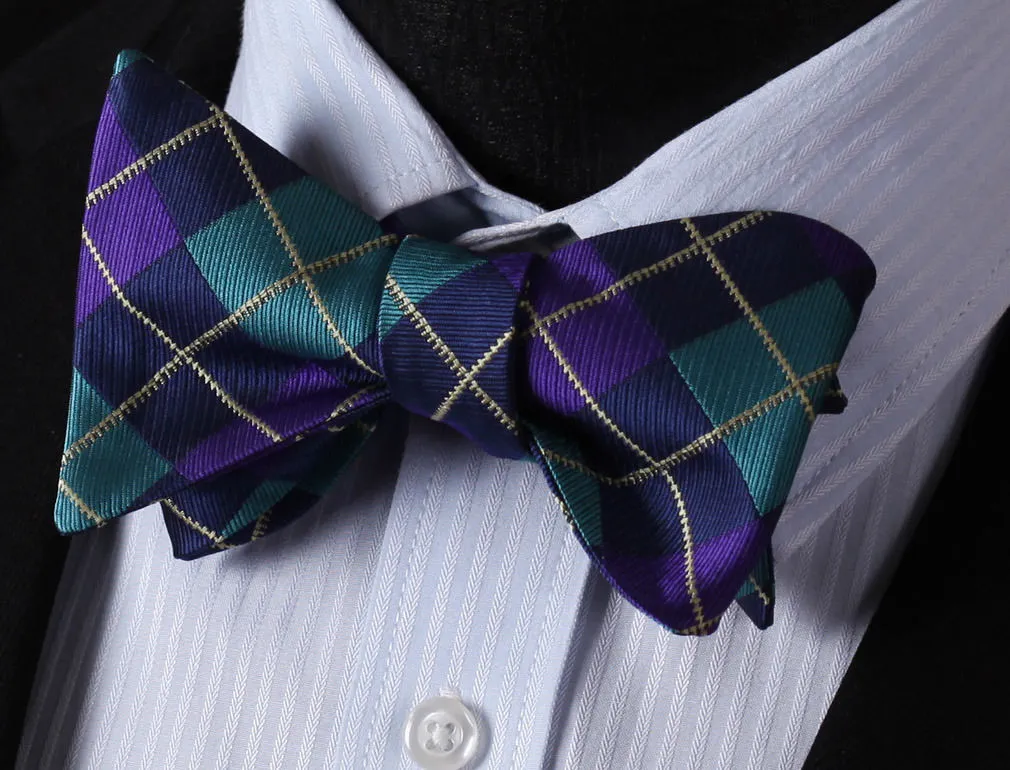 Men's Silk Aqua Purple Check Self Bow Tie Handkerchief