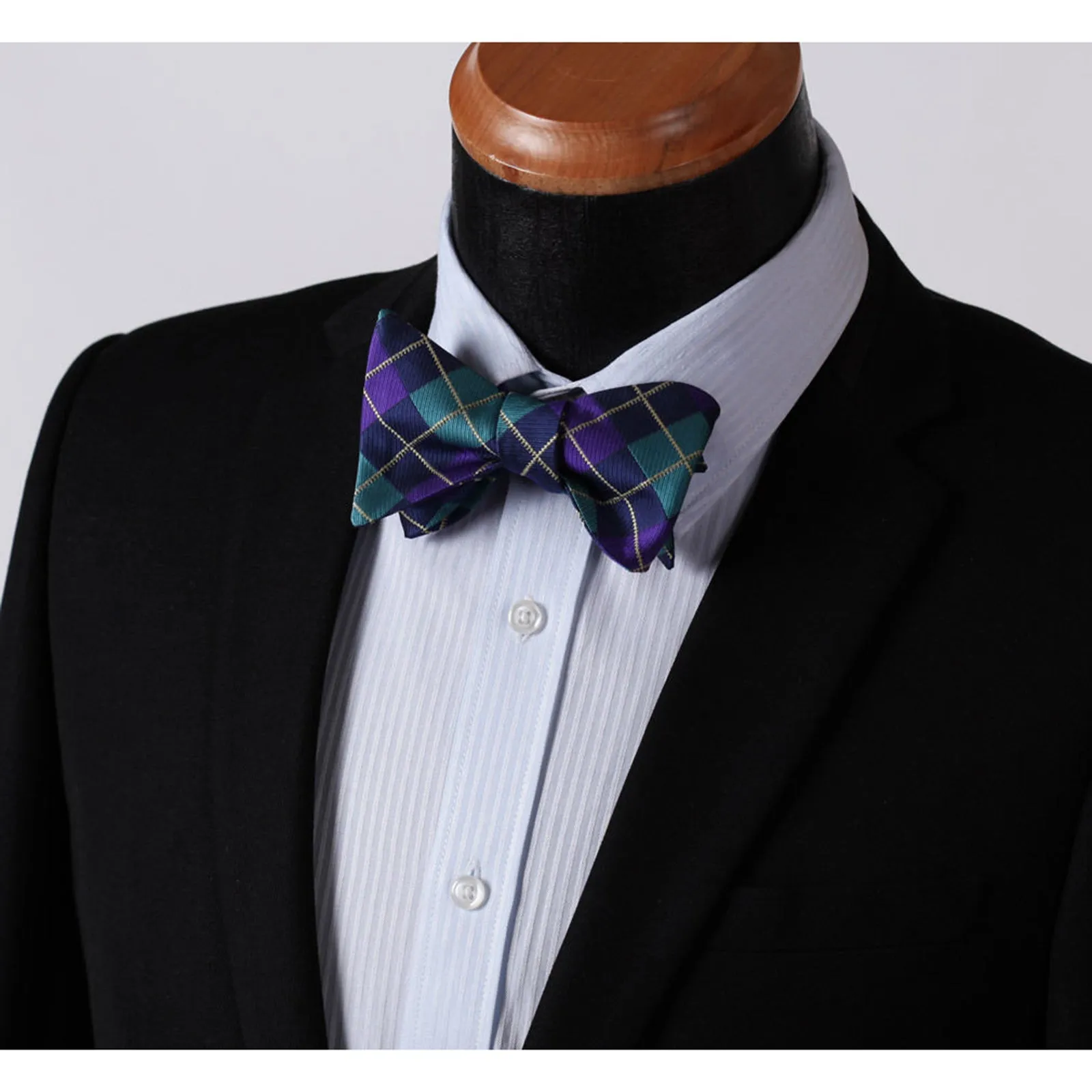 Men's Silk Aqua Purple Check Self Bow Tie Handkerchief