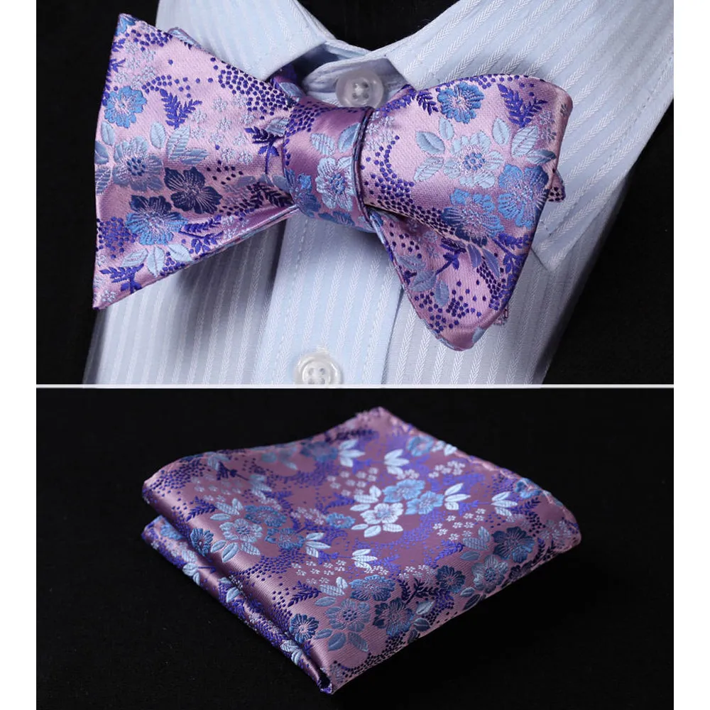 Men's Silk Light Purple Floral Self Bow Tie Handkerchief