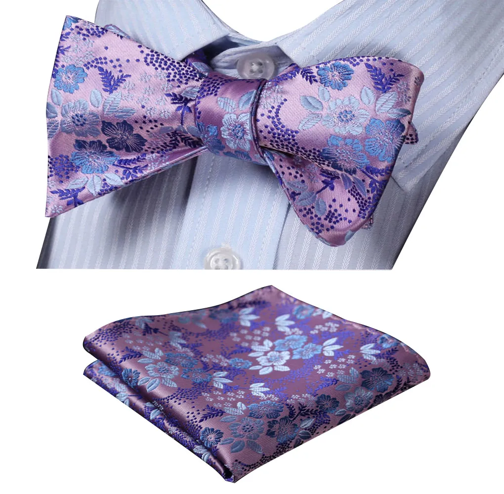 Men's Silk Light Purple Floral Self Bow Tie Handkerchief