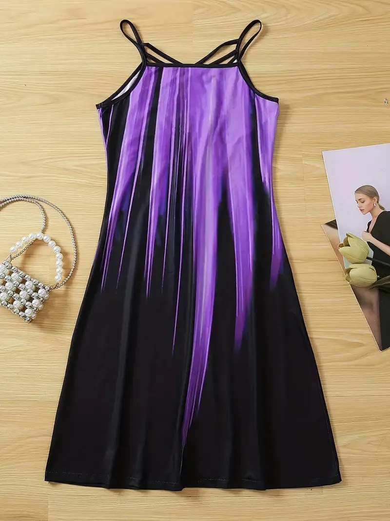 NEW Color Block Criss Cross Dress, Casual Sleeveless Spaghetti Strap Dress, Women's Clothing, Purple, Sz S