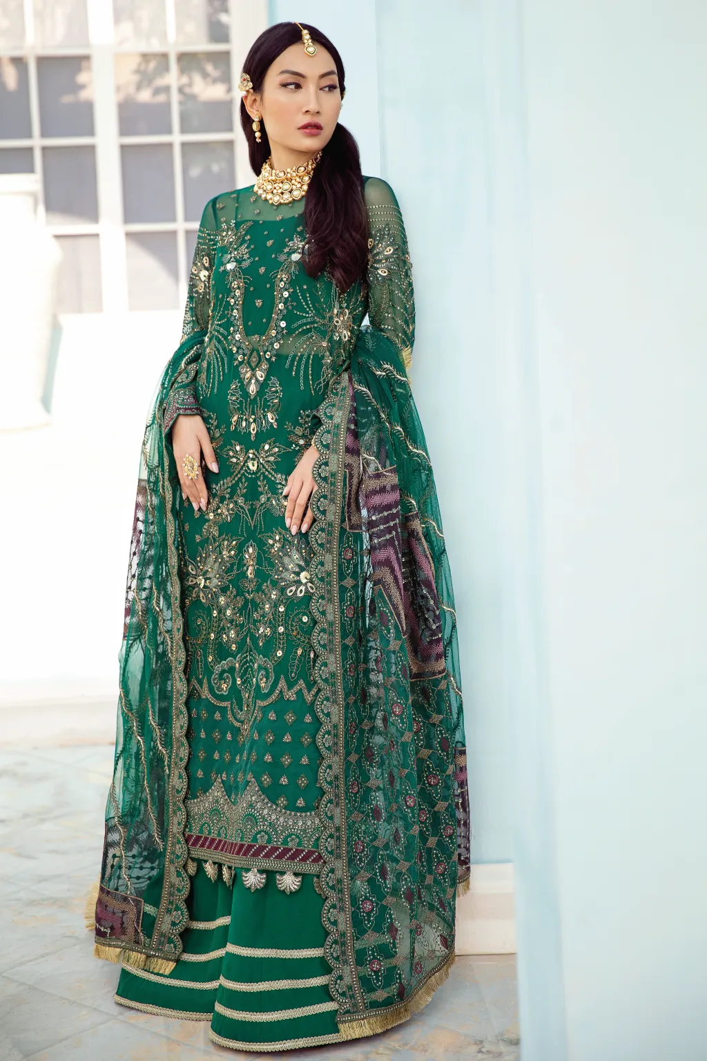 Pakistani Sharara in Green Shade with Embroidery #PF474