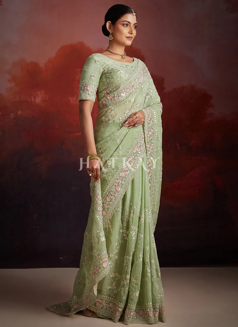 Pastel Green Embroidery Party Wear Saree