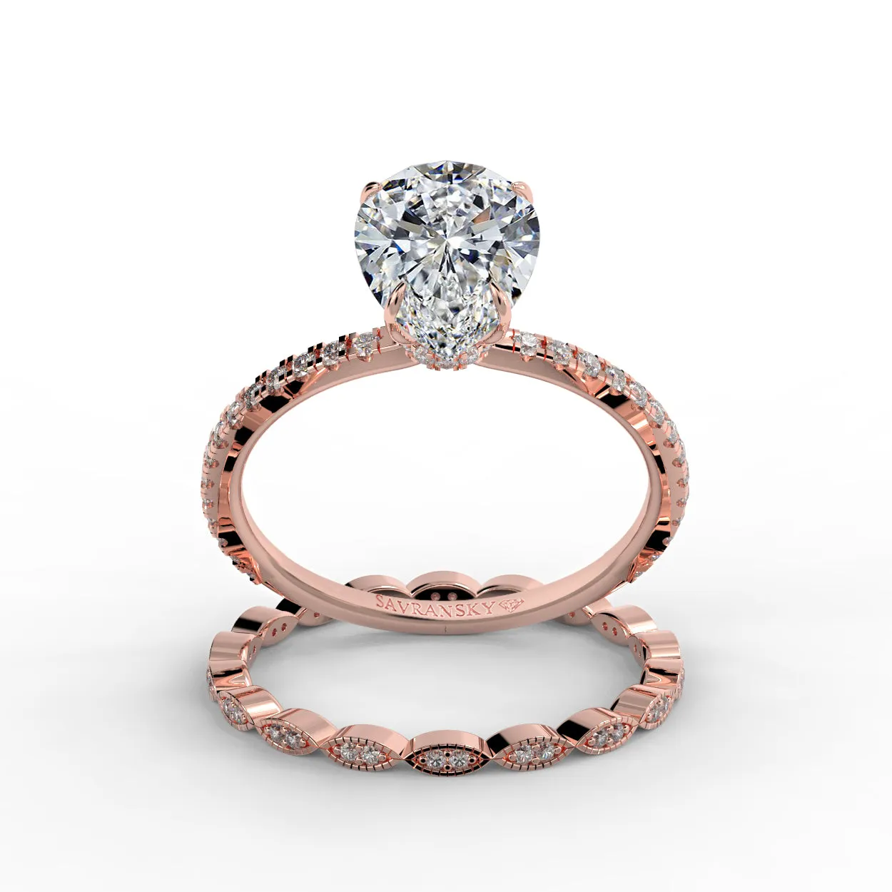 Pear Drop Cut Pave Engagement Ring Bridal Set - 502