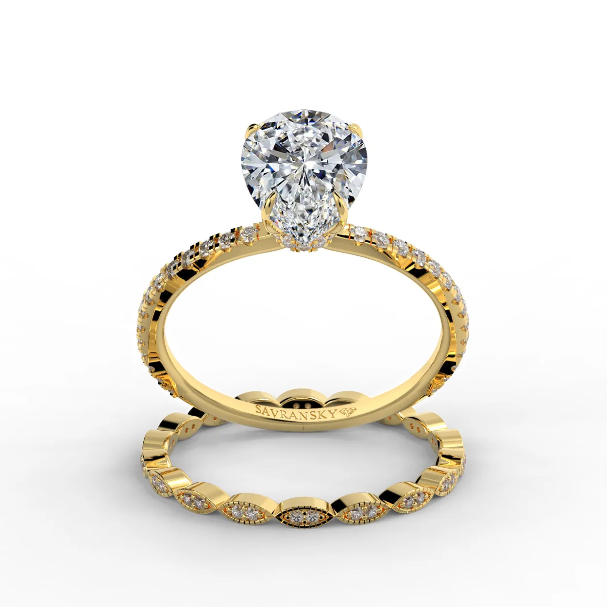 Pear Drop Cut Pave Engagement Ring Bridal Set - 502