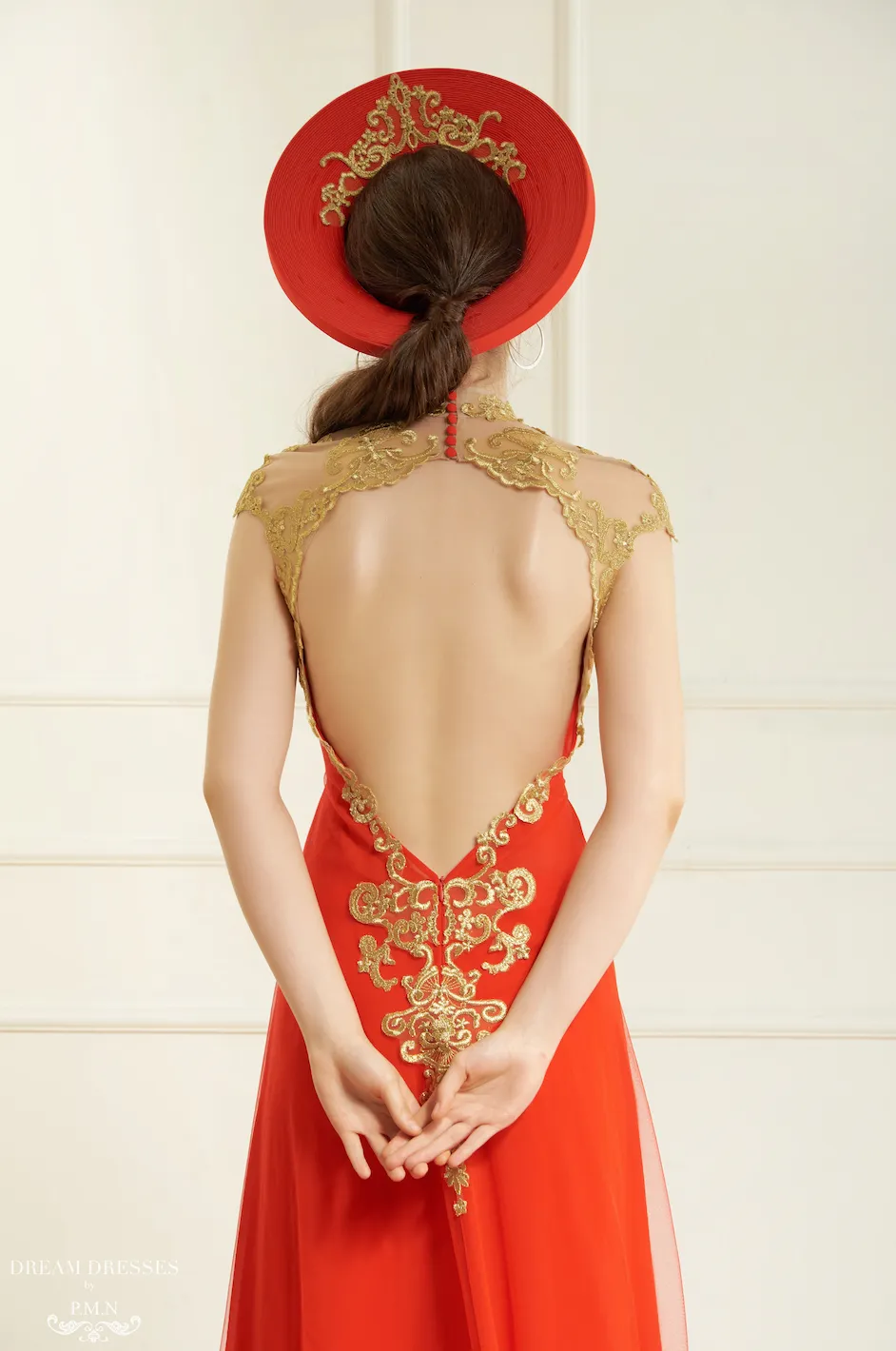 Red and Gold Ao Dai Hat | Vietnamese Bridal Hat (#KARA)