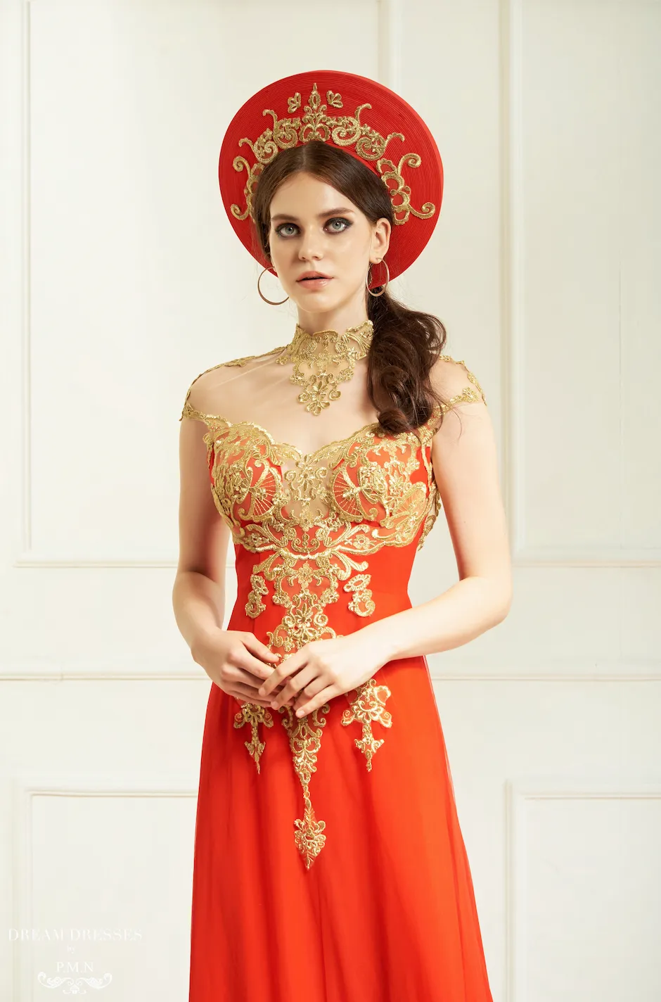 Red and Gold Ao Dai Hat | Vietnamese Bridal Hat (#KARA)
