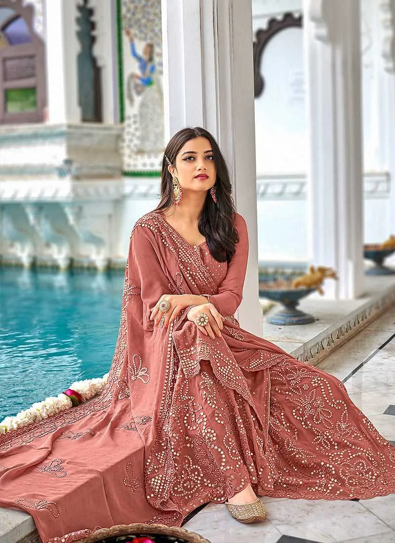 Rose Pink Heavy Embroidered Palazzo Style Suit