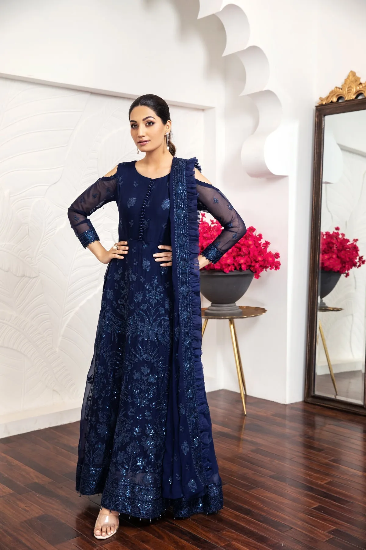 Royal Blue Embroidered Pakistani Pishwas Dupatta Party Wear