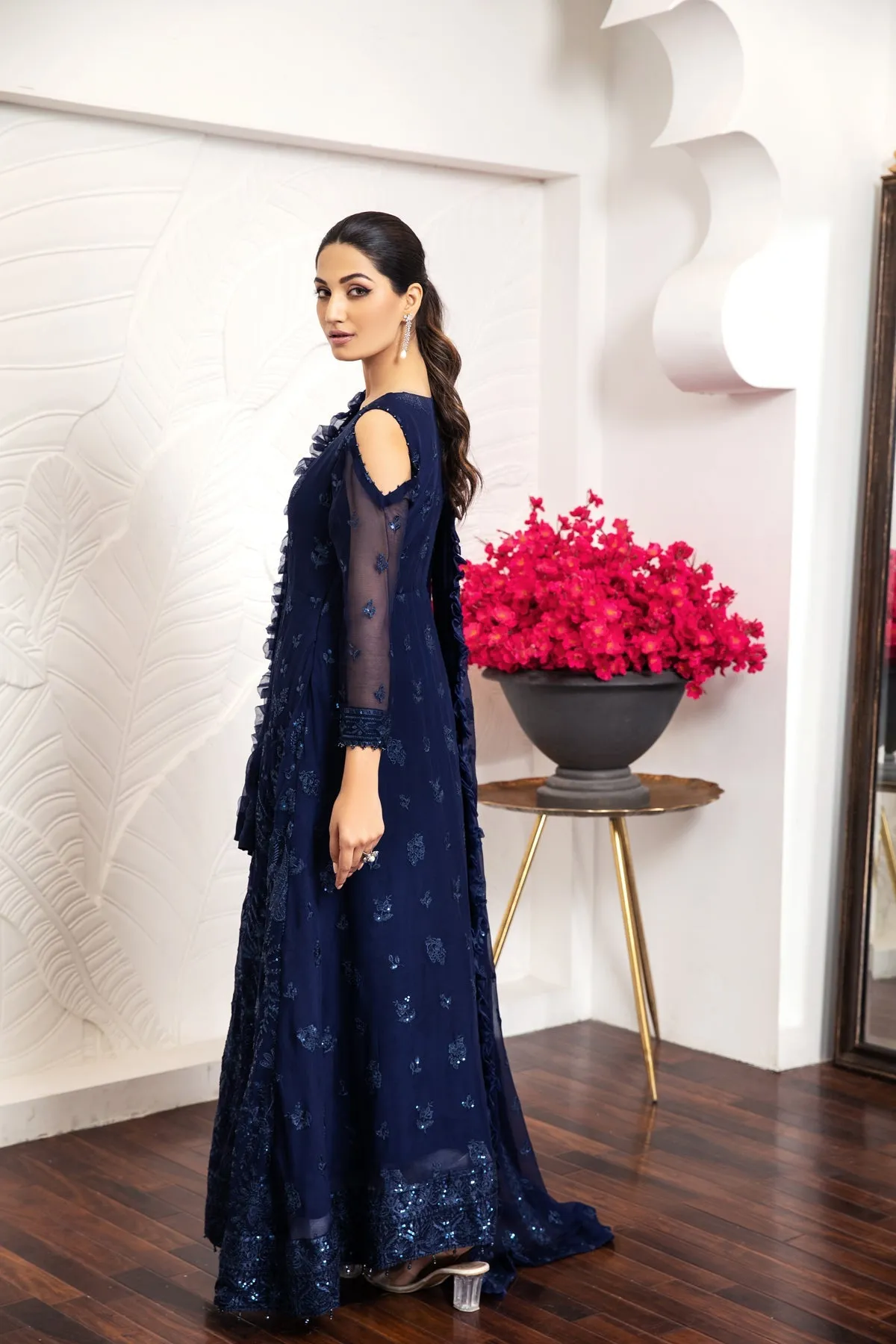 Royal Blue Embroidered Pakistani Pishwas Dupatta Party Wear