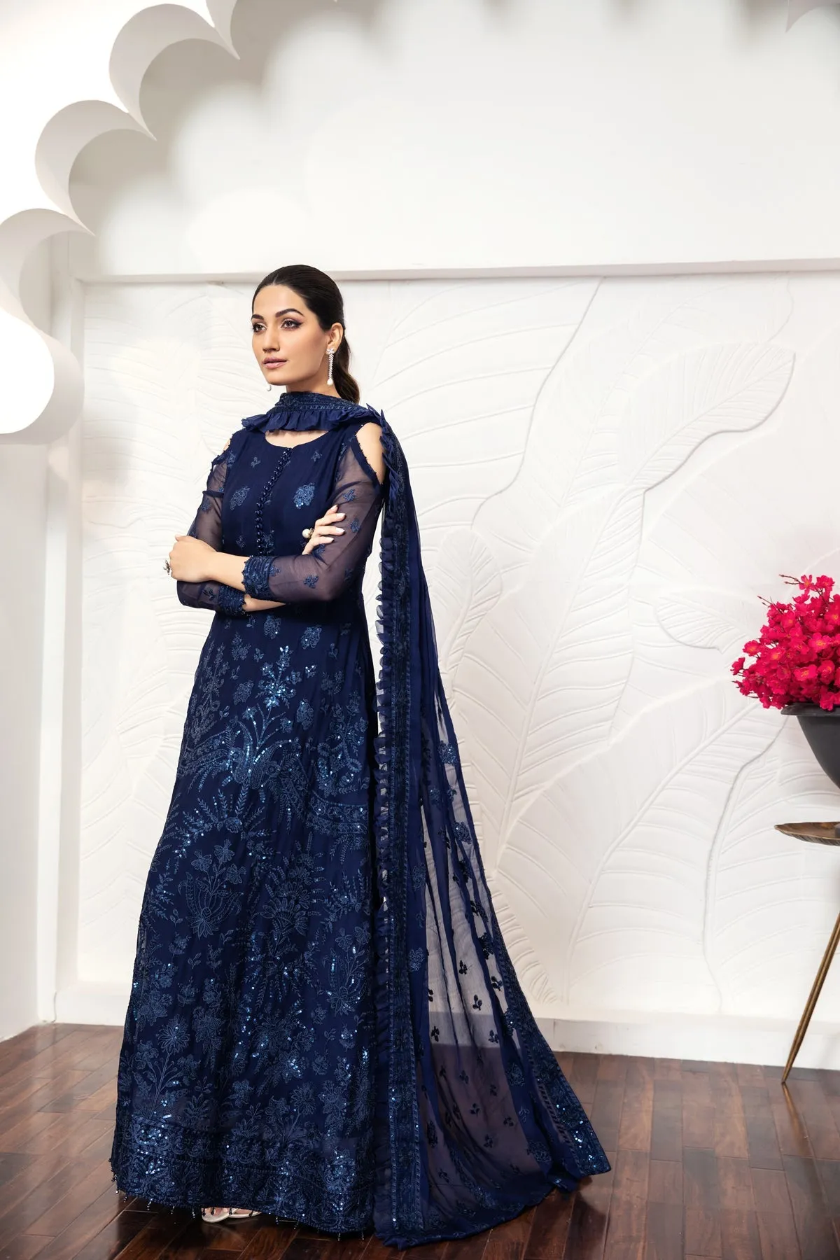 Royal Blue Embroidered Pakistani Pishwas Dupatta Party Wear