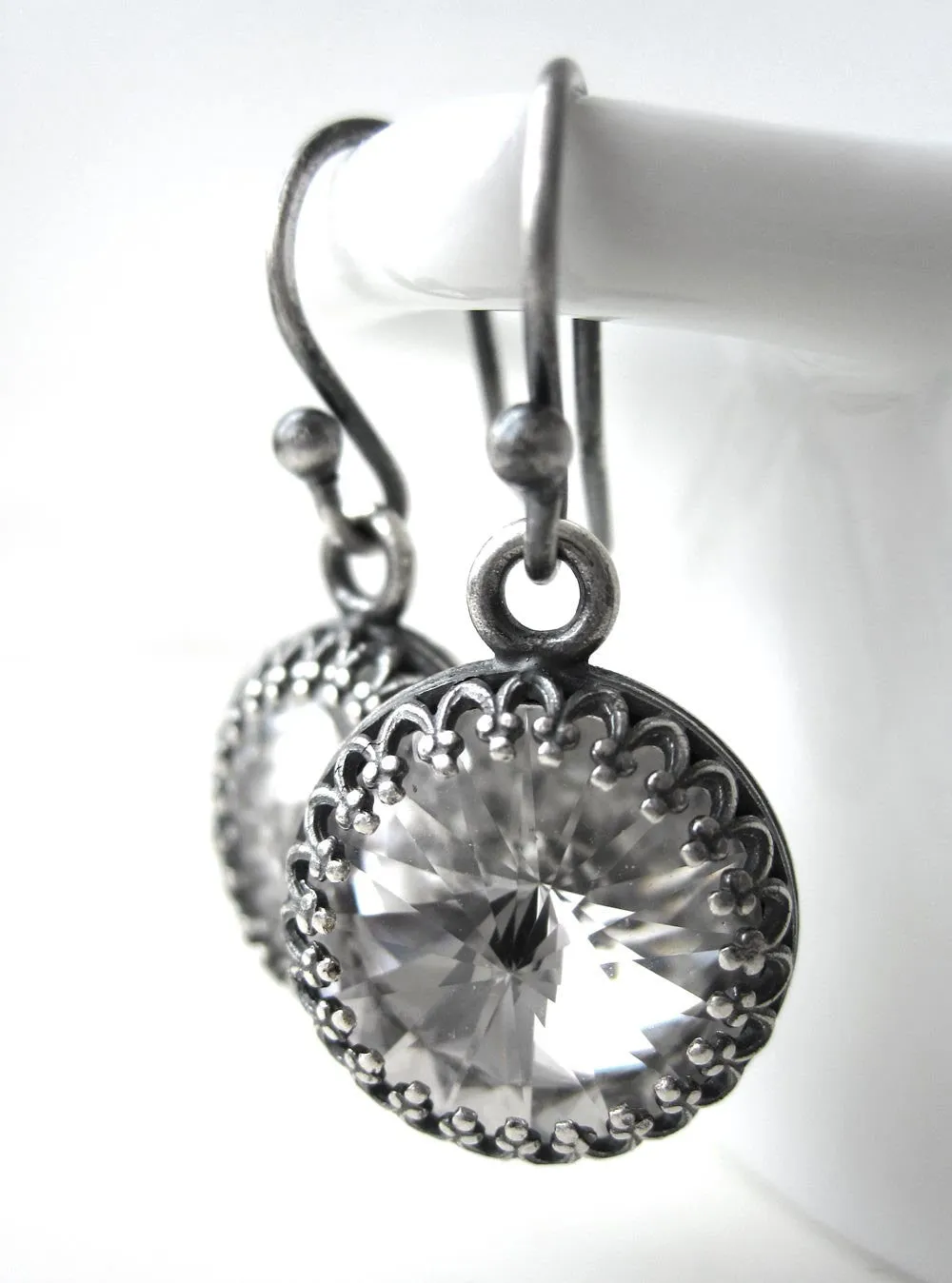 ROYAL - Clear Crystal Earrings with Antiqued Silver Crown Bezels