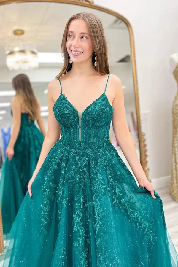 Shiny Green A-line Spaghetti Straps Prom Dresses With Appliques, MP999