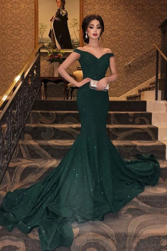 Shiny Off Shoulder Mermaid Dark Green Long Prom, Sparkly Mermaid Green Formal Evening