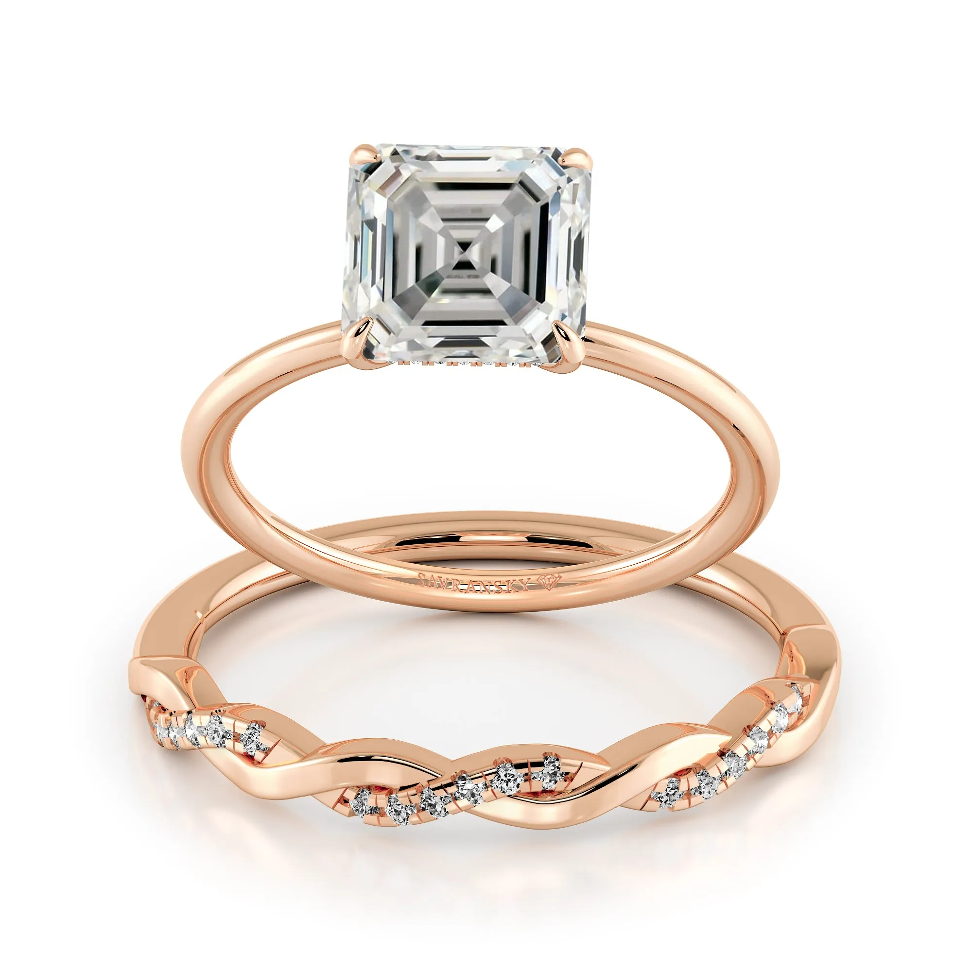 Squared Emerald Cut Hidden Halo Elegant Engagement Ring Bridal Set - 624