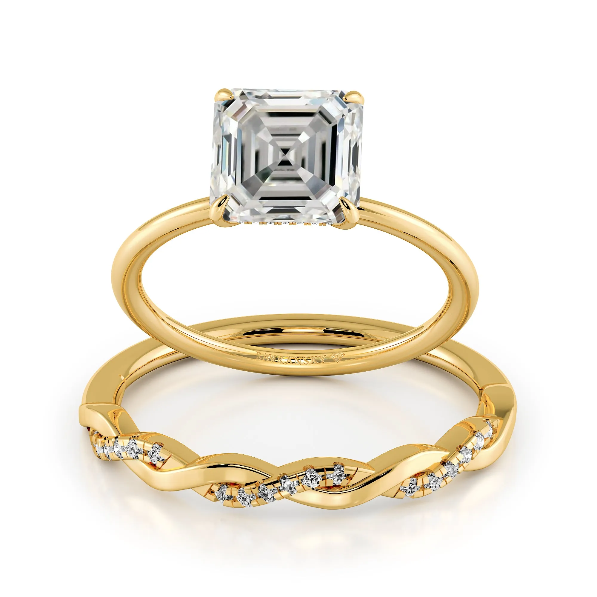 Squared Emerald Cut Hidden Halo Elegant Engagement Ring Bridal Set - 624